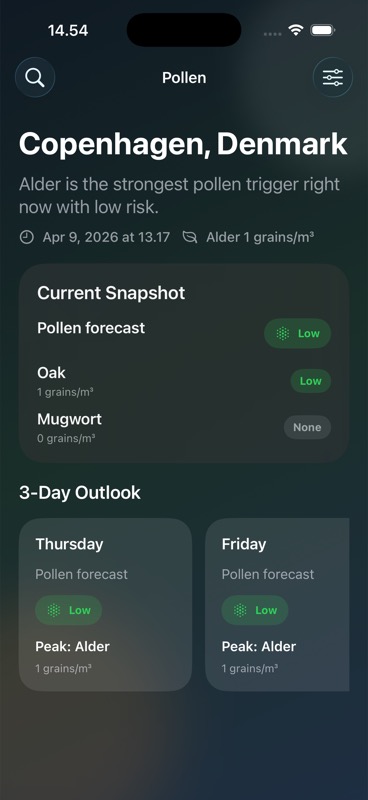 Pollen app showing the home screen with the current pollen overview